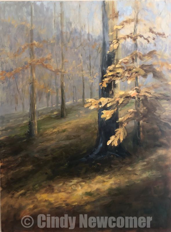 Oil Painting, fall, autumn, trees, nature art, leaves, yellow ocher, brown Oil on canvas framed in dark stained floater frame painted in hues of rich yellows and browns with an under painting of yellow ochers, this piece evokes a dreamy ethereal warm fall day 