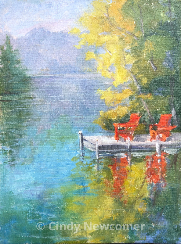 Oil Painting, Adirondack Chairs 9x12 oil/canvas floater frame ready to hang Two red Adirondack chairs on Mirror lake provided the perfect focal point to the peaceful lake.