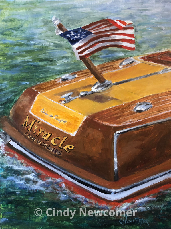 Picture, chris craft wooden boat, lakes, lake art, cottage art, wall hanging, oil painting, American Flag,