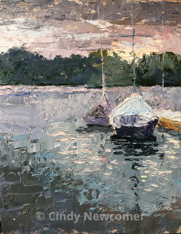 Picture, boats, lake, sunset, cove, lake art  Sunset Cove 9x12 (Abstract) Oil on Board palette knife unframed-painted in shades of grays and purples, this piece evokes the moody sunset on the lake (3 boats) 