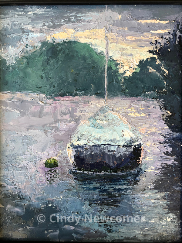 Picture, moody, sunset, purple, gray, oil paint, lake, lake art palette knife unframed-painted in shades of gray and purples, this piece is a sunset painting filled with rich texture from the use of palette knives (one boat) 