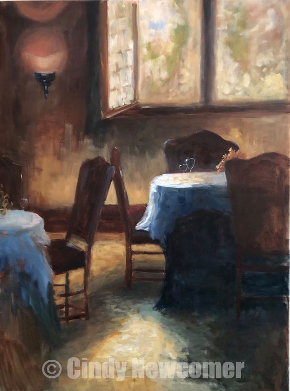 oil painting, Belgium, restaurant, dinner shift, waiters, setting tables, oil painting, wall art Between Shifts 30x40- Oil on Canvas interior painting of Belgian restaurant in mid afternoon as waiters setting tables for the dinner shift