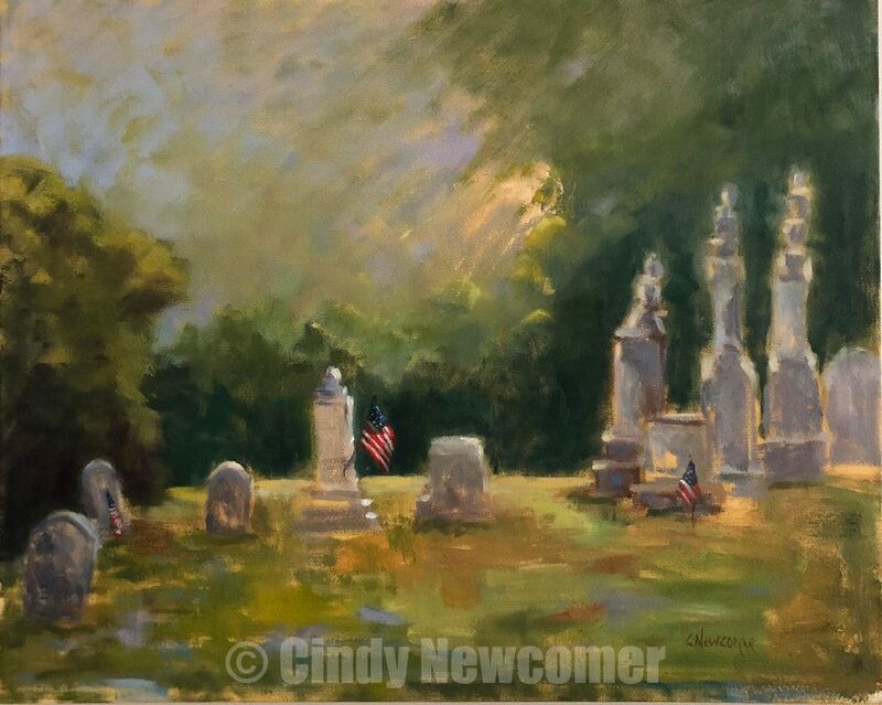 Oil Painting, Sacrifice - 16X20 oil on gallery wrapped canvas. A relatively abandoned cemetery was adorned with with flags on the graves of fallen soldiers. THe sun was striking that spot creating a particularly moving image. I had to paint this in grateful appreciation for the soldiers‘ ultimate sacrifice. 